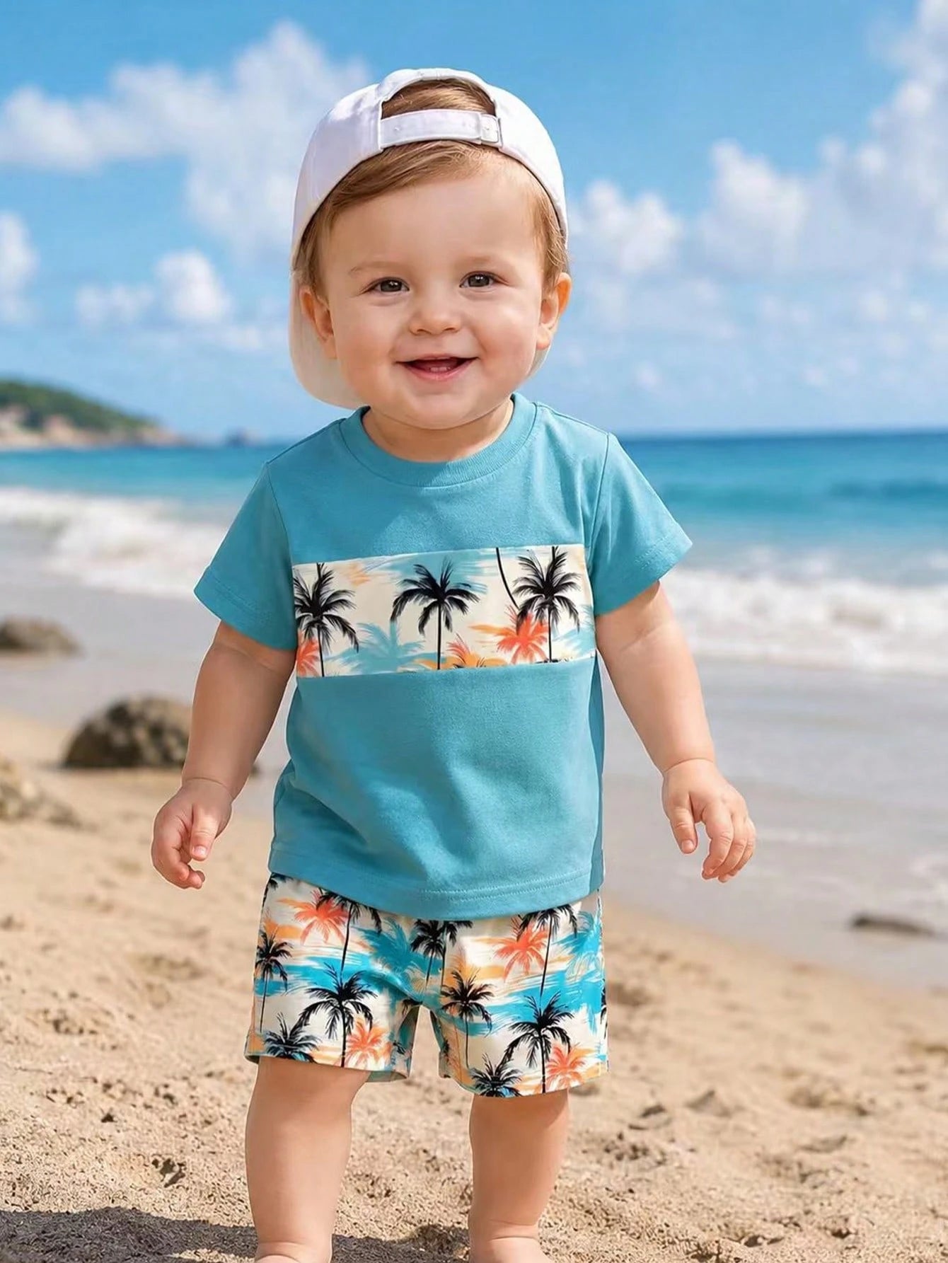 Playful Pals 2pcs/Set Baby Boys' Tropical Plant & Coconut Tree Print Blue T-Shirt And Shorts Summer Casual Vacation Holiday Beach Outfit For Infant & Toddler 6M-3T