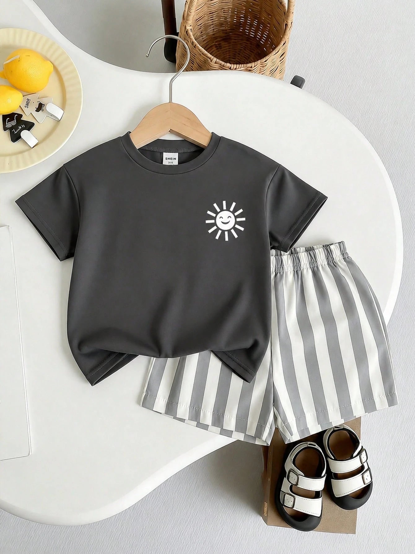 Playful Pals 2pcs/Set Baby Boys' Tropical Plant & Coconut Tree Print Blue T-Shirt And Shorts Summer Casual Vacation Holiday Beach Outfit For Infant & Toddler 6M-3T