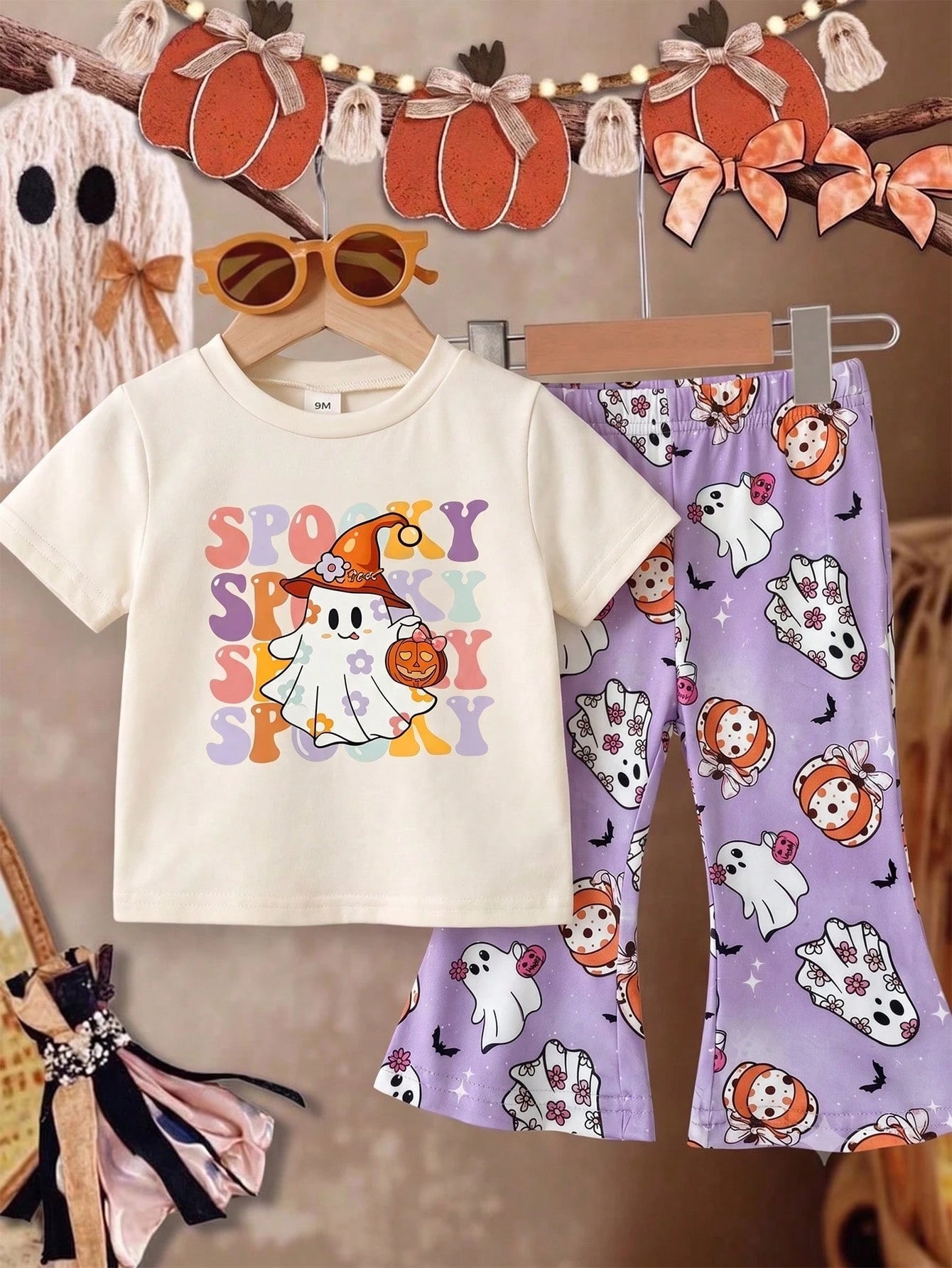 Playful Pals 2pcs/Set Baby Girl Casual Cute Halloween Ghost Face Pumpkin Pattern Short Sleeve Round Neck T-Shirt And Elastic Waist Flare Long Pants Outfit, Girls Halloween Costume, Baby Hallowee