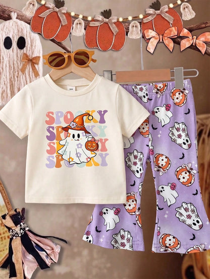 Playful Pals 2pcs/Set Baby Girl Casual Cute Halloween Ghost Face Pumpkin Pattern Short Sleeve Round Neck T-Shirt And Elastic Waist Flare Long Pants Outfit, Girls Halloween Costume, Baby Hallowee