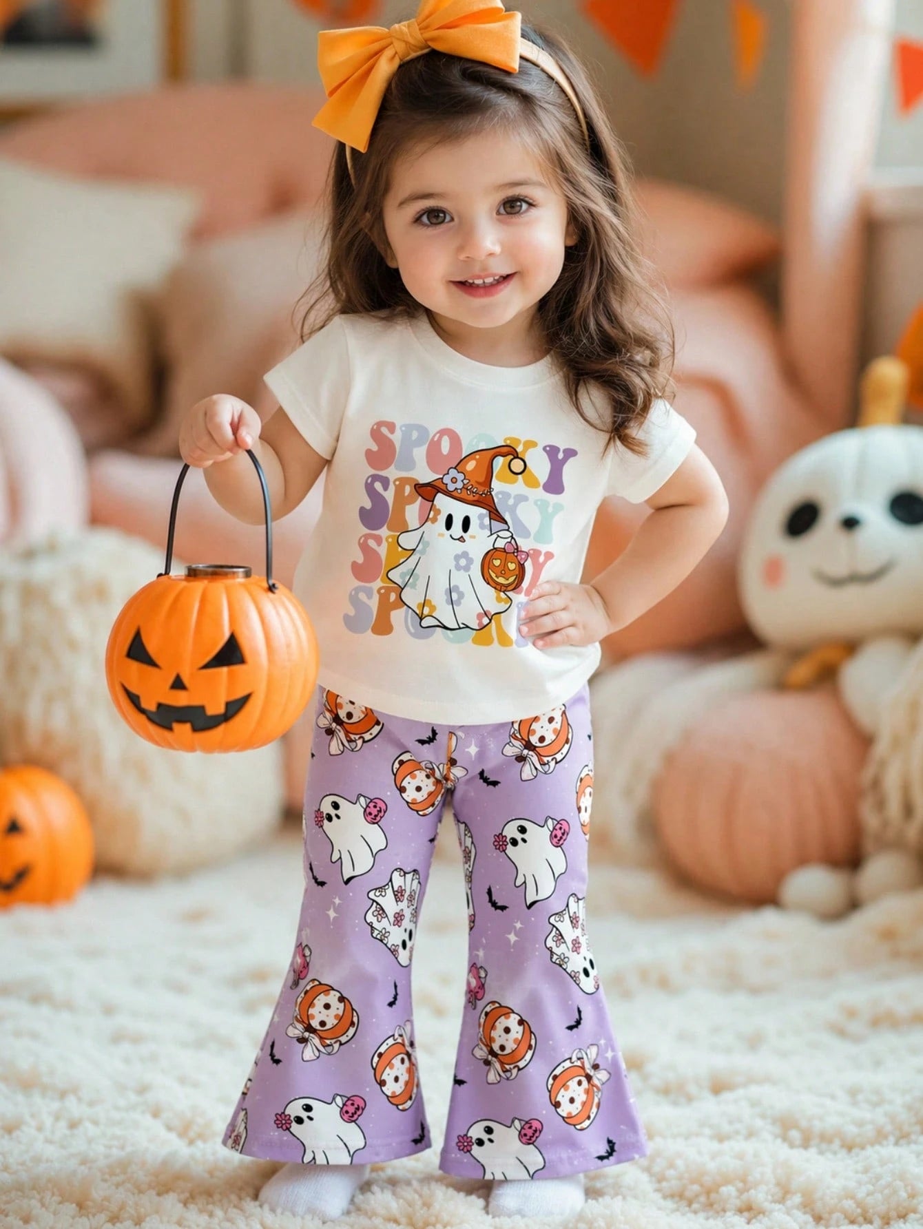 Playful Pals 2pcs/Set Baby Girl Casual Cute Halloween Ghost Face Pumpkin Pattern Short Sleeve Round Neck T-Shirt And Elastic Waist Flare Long Pants Outfit, Girls Halloween Costume, Baby Hallowee