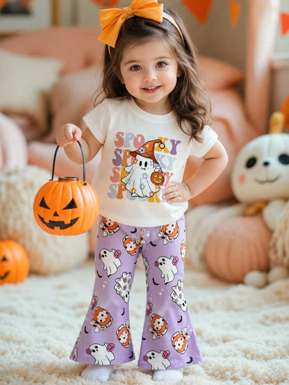 Playful Pals 2pcs/Set Baby Girl Casual Cute Halloween Ghost Face Pumpkin Pattern Short Sleeve Round Neck T-Shirt And Elastic Waist Flare Long Pants Outfit, Girls Halloween Costume, Baby Hallowee