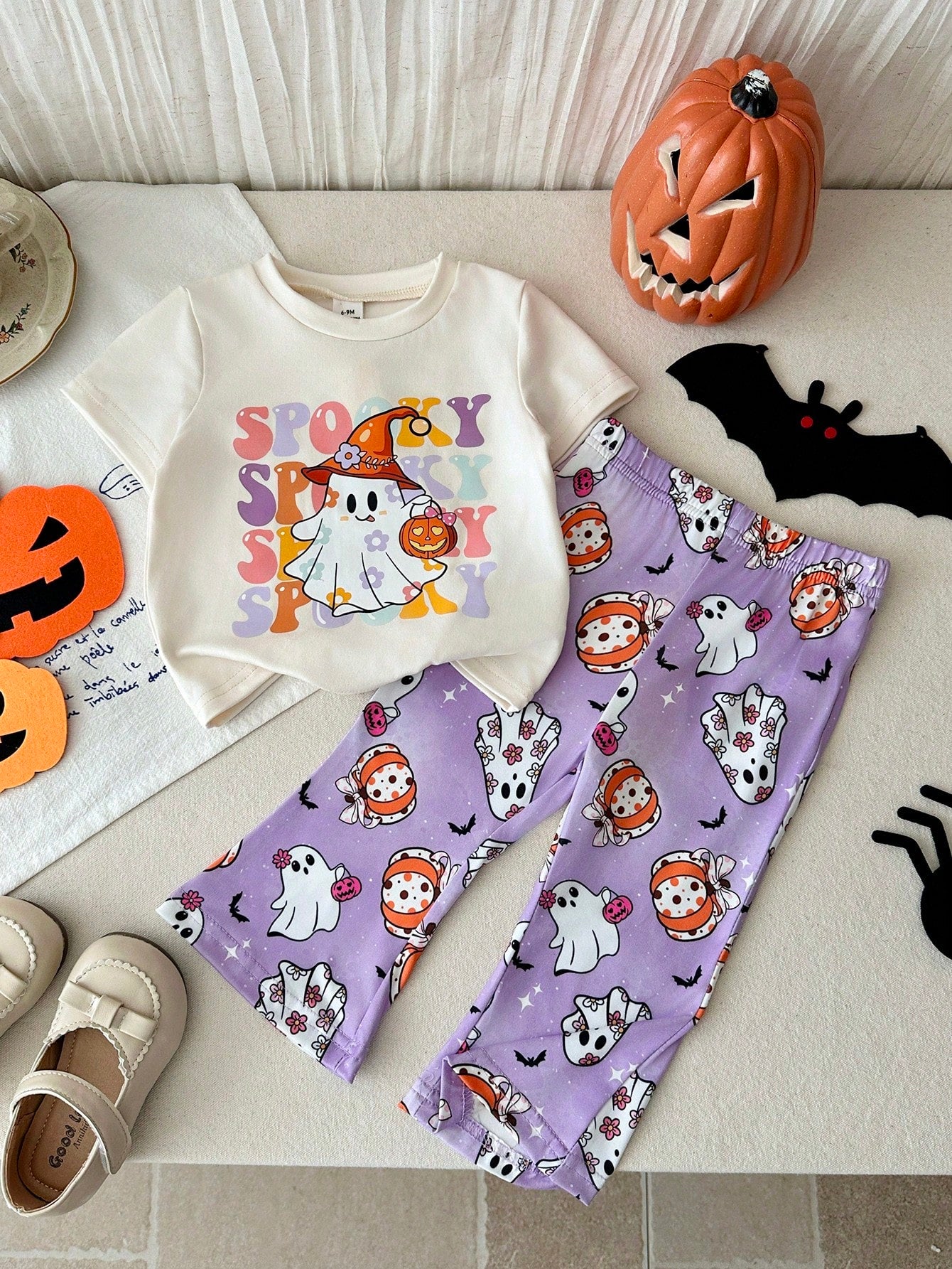 Playful Pals 2pcs/Set Baby Girl Casual Cute Halloween Ghost Face Pumpkin Pattern Short Sleeve Round Neck T-Shirt And Elastic Waist Flare Long Pants Outfit, Girls Halloween Costume, Baby Hallowee