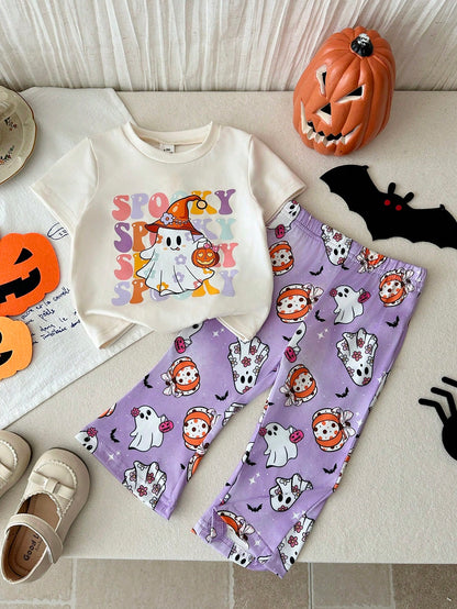 Playful Pals 2pcs/Set Baby Girl Casual Cute Halloween Ghost Face Pumpkin Pattern Short Sleeve Round Neck T-Shirt And Elastic Waist Flare Long Pants Outfit, Girls Halloween Costume, Baby Hallowee