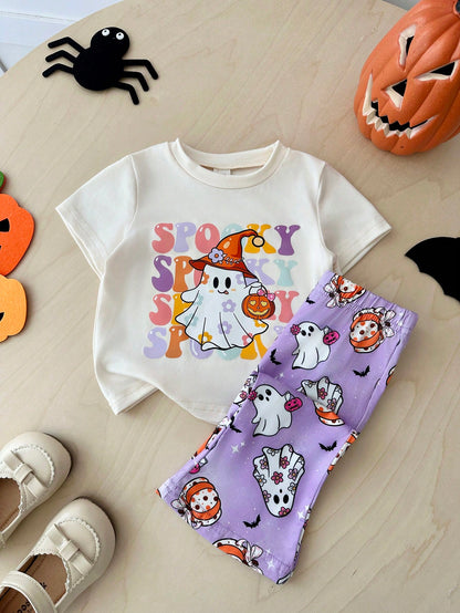 Playful Pals 2pcs/Set Baby Girl Casual Cute Halloween Ghost Face Pumpkin Pattern Short Sleeve Round Neck T-Shirt And Elastic Waist Flare Long Pants Outfit, Girls Halloween Costume, Baby Hallowee