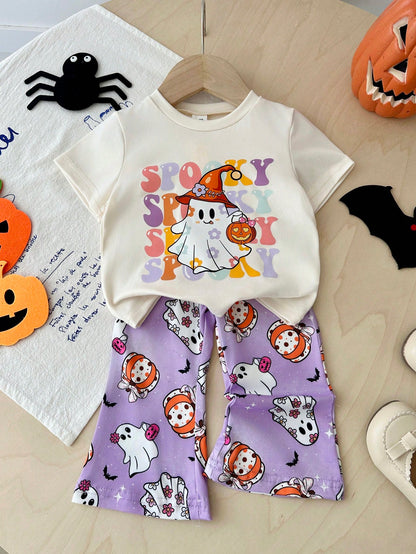Playful Pals 2pcs/Set Baby Girl Casual Cute Halloween Ghost Face Pumpkin Pattern Short Sleeve Round Neck T-Shirt And Elastic Waist Flare Long Pants Outfit, Girls Halloween Costume, Baby Hallowee