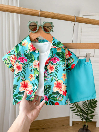 Playful Pals 2pcs/Set Toddler Boys' Casual Holiday Short Sleeve Polo Shirt And Solid Color Shorts Summer Outfit Tropical Vacation Outfits Boy Beach Outfit