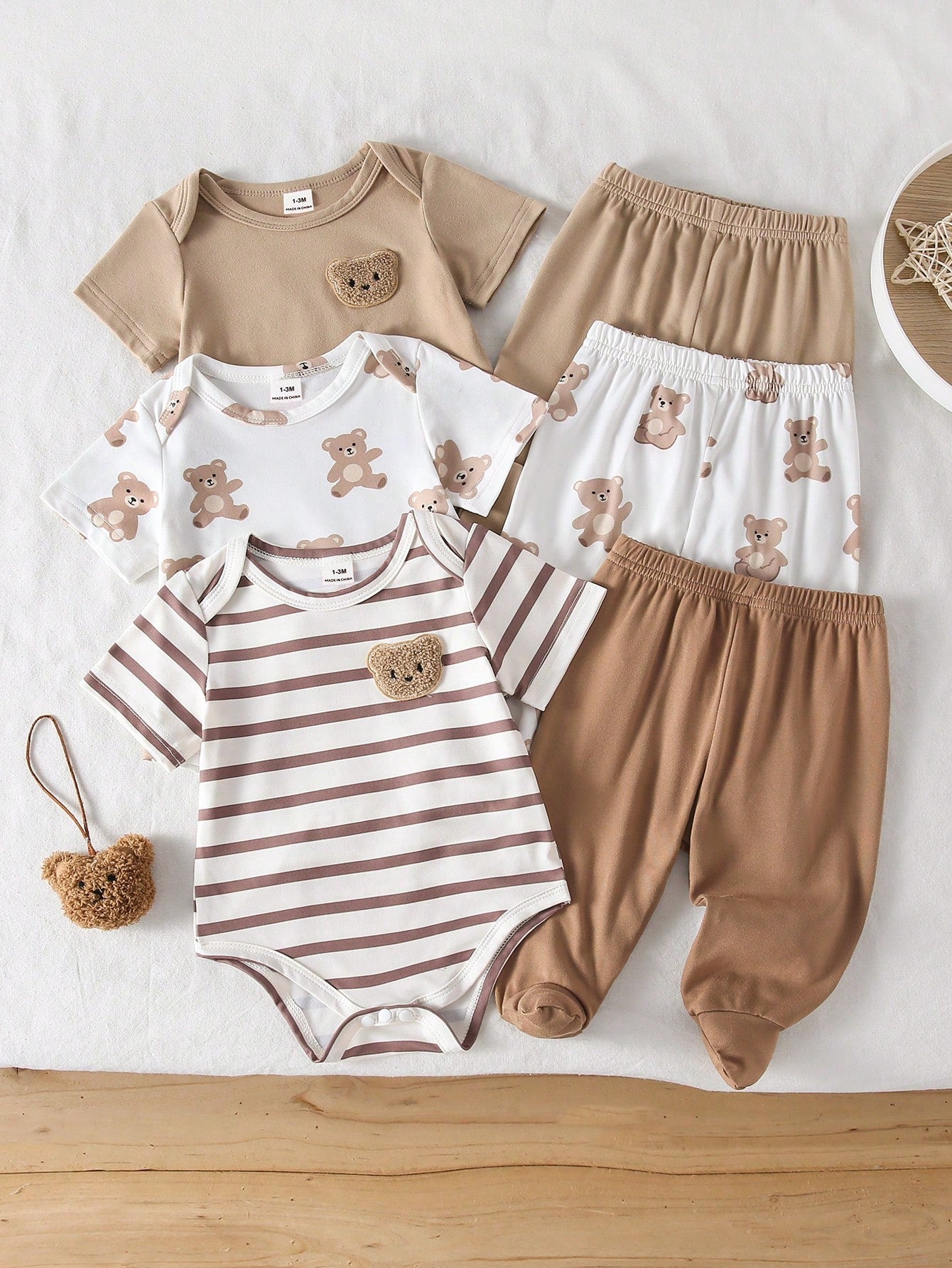 Playful Pals 6pcs/3sets Newborn Short Sleeve Romper & Pants Set, Soft Knit Fabric, Cute Bear Pattern
