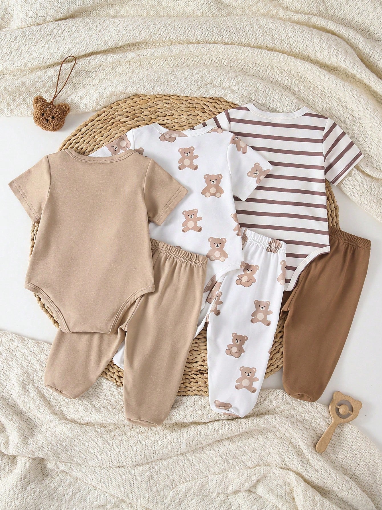 Playful Pals 6pcs/3sets Newborn Short Sleeve Romper & Pants Set, Soft Knit Fabric, Cute Bear Pattern