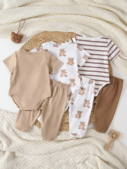 Playful Pals 6pcs/3sets Newborn Short Sleeve Romper & Pants Set, Soft Knit Fabric, Cute Bear Pattern