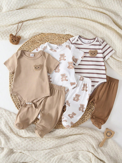 Playful Pals 6pcs/3sets Newborn Short Sleeve Romper & Pants Set, Soft Knit Fabric, Cute Bear Pattern