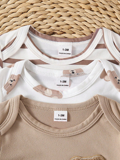 Playful Pals 6pcs/3sets Newborn Short Sleeve Romper & Pants Set, Soft Knit Fabric, Cute Bear Pattern