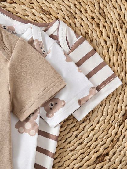 Playful Pals 6pcs/3sets Newborn Short Sleeve Romper & Pants Set, Soft Knit Fabric, Cute Bear Pattern
