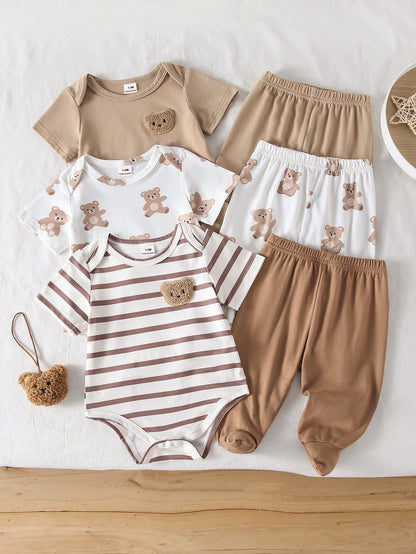 Playful Pals 6pcs/3sets Newborn Short Sleeve Romper & Pants Set, Soft Knit Fabric, Cute Bear Pattern