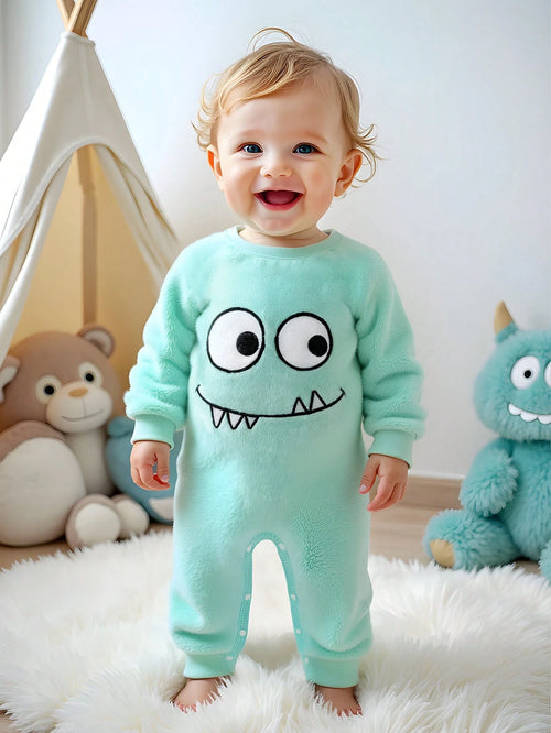 Playful Pals Baby Boys Unisex Mint Green Plush Long Sleeve Jumpsuit,Autumn Cute Monster Cartoon Funny Face Embroidered Romper,Family Matching Outdoor Play Outfit