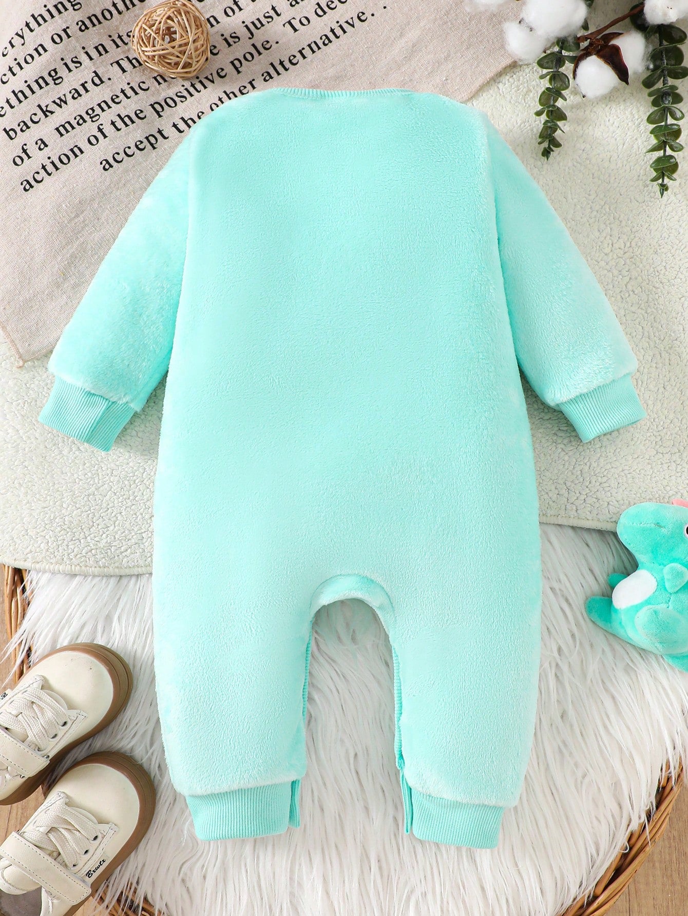Playful Pals Baby Boys Unisex Mint Green Plush Long Sleeve Jumpsuit,Autumn Cute Monster Cartoon Funny Face Embroidered Romper,Family Matching Outdoor Play Outfit