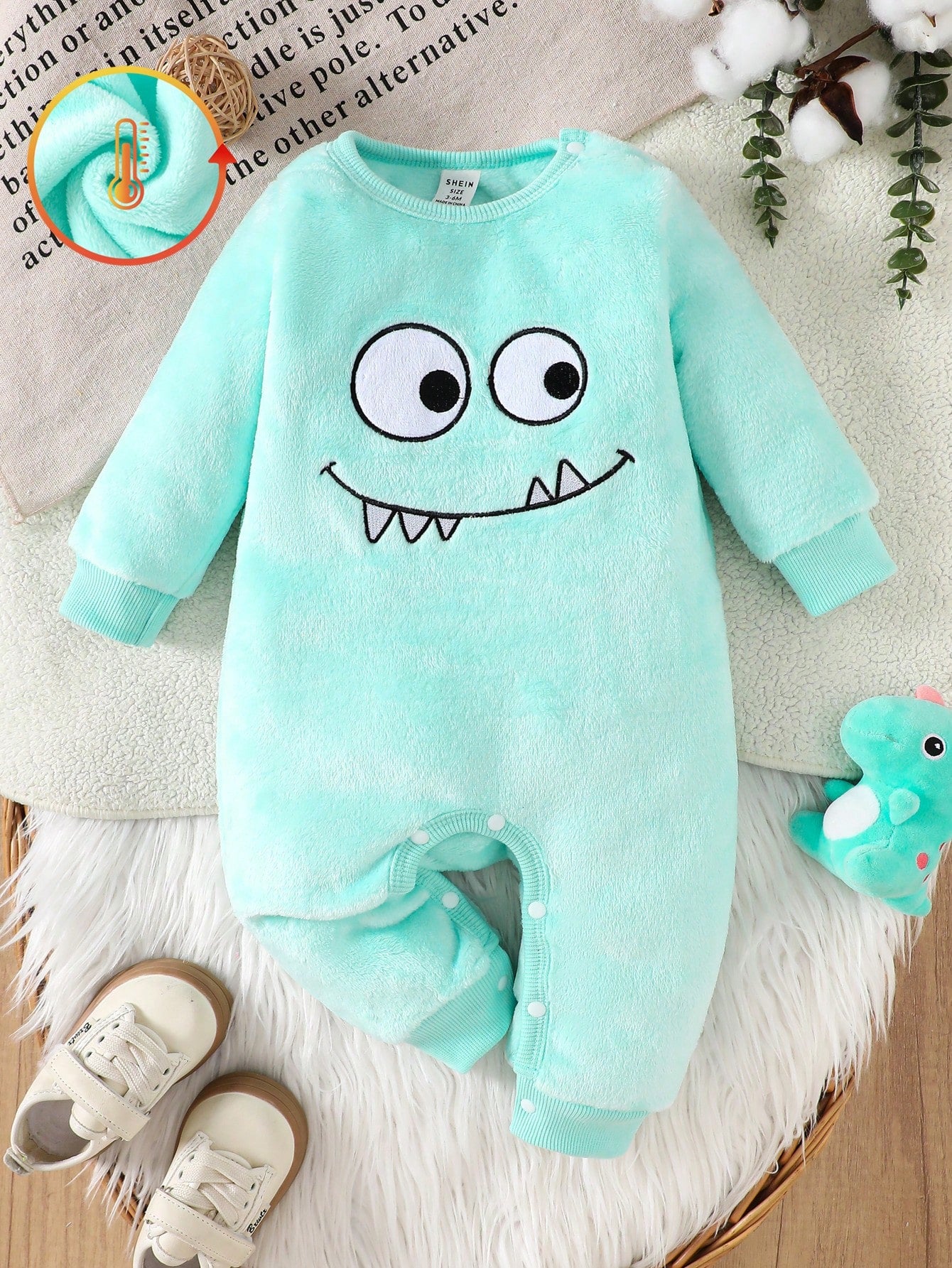 Playful Pals Baby Boys Unisex Mint Green Plush Long Sleeve Jumpsuit,Autumn Cute Monster Cartoon Funny Face Embroidered Romper,Family Matching Outdoor Play Outfit