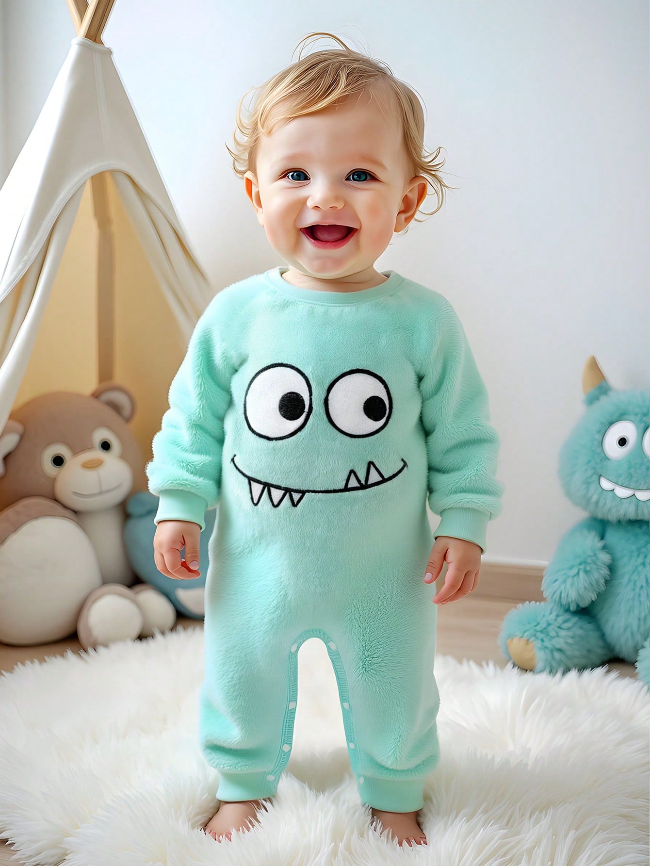 Playful Pals Baby Boys Unisex Mint Green Plush Long Sleeve Jumpsuit,Autumn Cute Monster Cartoon Funny Face Embroidered Romper,Family Matching Outdoor Play Outfit