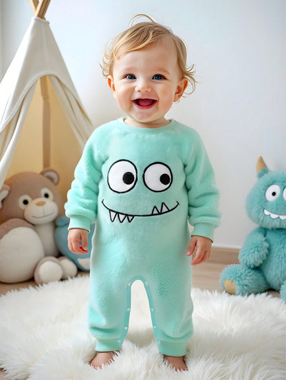 Playful Pals Baby Boys Unisex Mint Green Plush Long Sleeve Jumpsuit,Autumn Cute Monster Cartoon Funny Face Embroidered Romper,Family Matching Outdoor Play Outfit