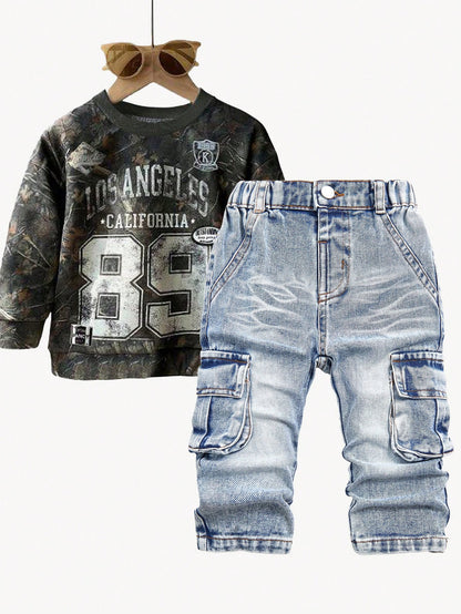 Playful Pals Baby Boys' Washed Denim Pleated Straight Leg Casual Pants With Side Accordion Pockets