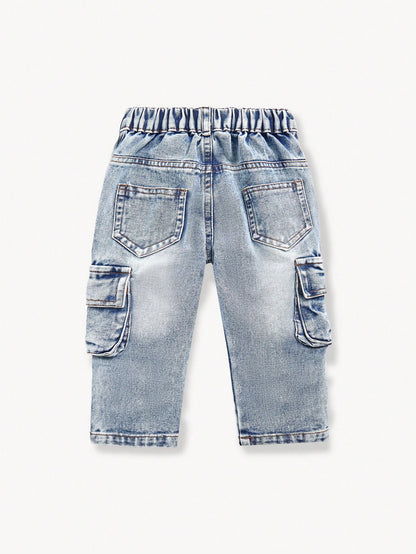 Playful Pals Baby Boys' Washed Denim Pleated Straight Leg Casual Pants With Side Accordion Pockets