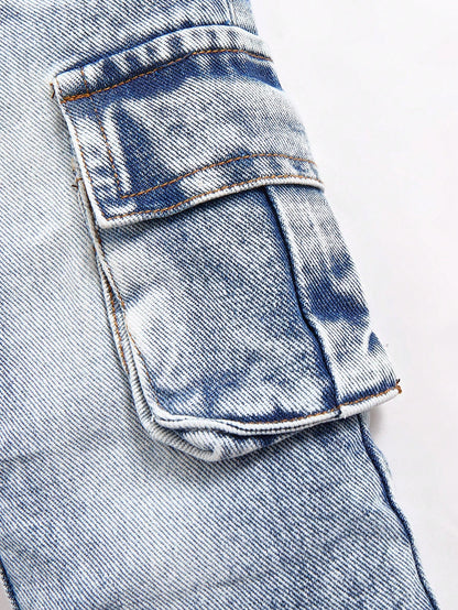 Playful Pals Baby Boys' Washed Denim Pleated Straight Leg Casual Pants With Side Accordion Pockets