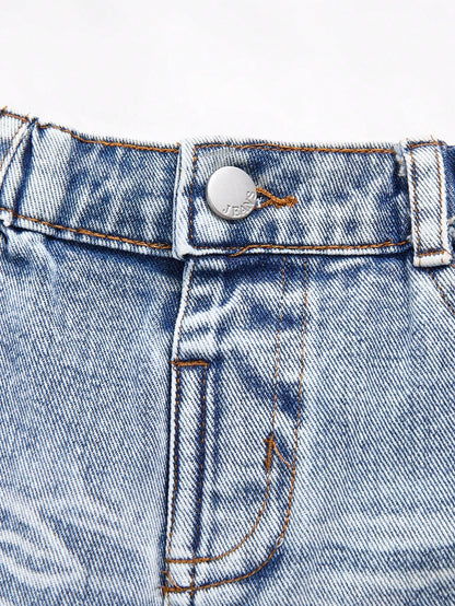 Playful Pals Baby Boys' Washed Denim Pleated Straight Leg Casual Pants With Side Accordion Pockets