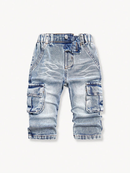 Playful Pals Baby Boys' Washed Denim Pleated Straight Leg Casual Pants With Side Accordion Pockets