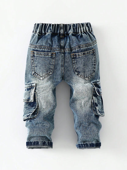 Playful Pals Baby Boys' Washed Denim Pleated Straight Leg Casual Pants With Side Accordion Pockets
