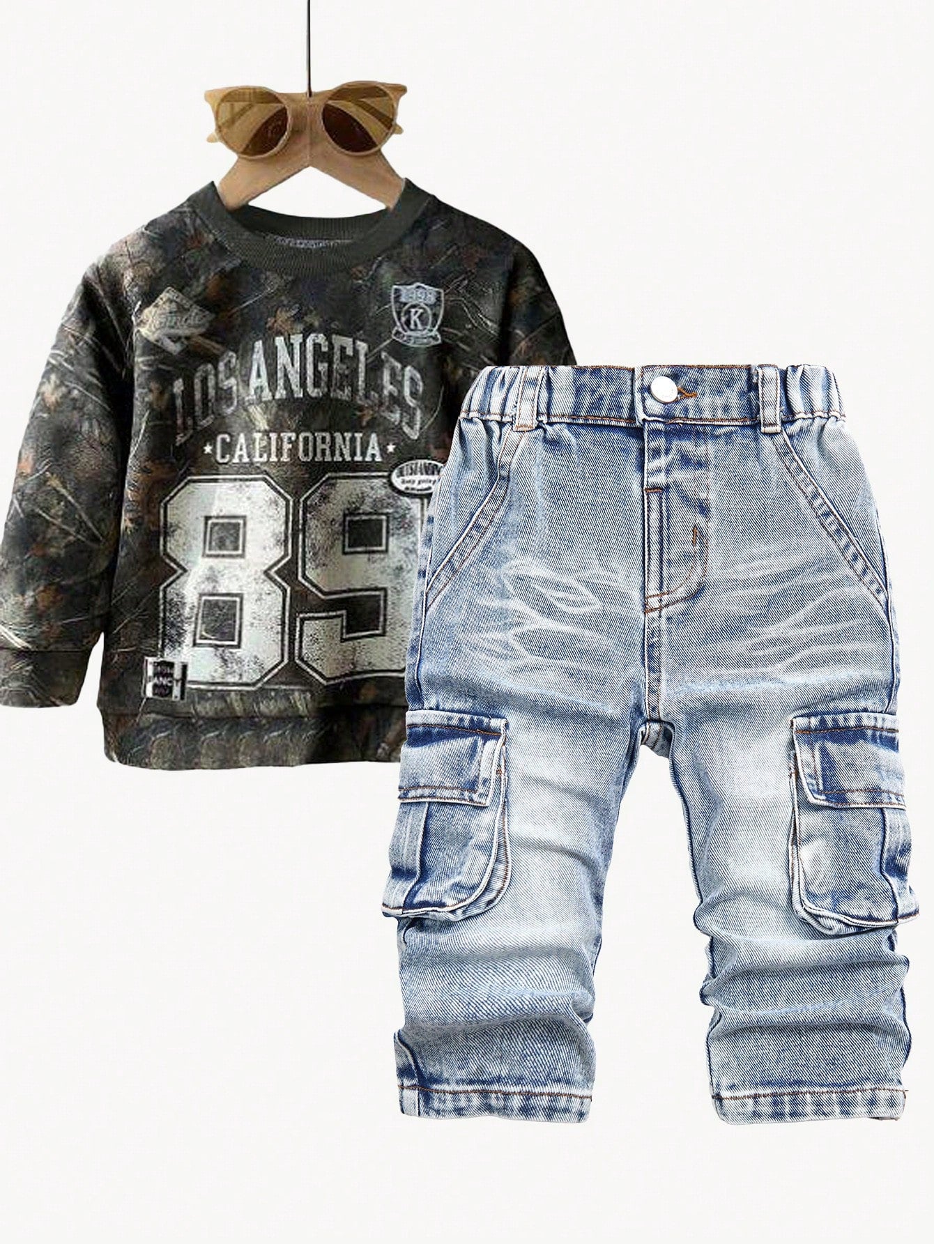 Playful Pals Baby Boys' Washed Denim Pleated Straight Leg Casual Pants With Side Accordion Pockets