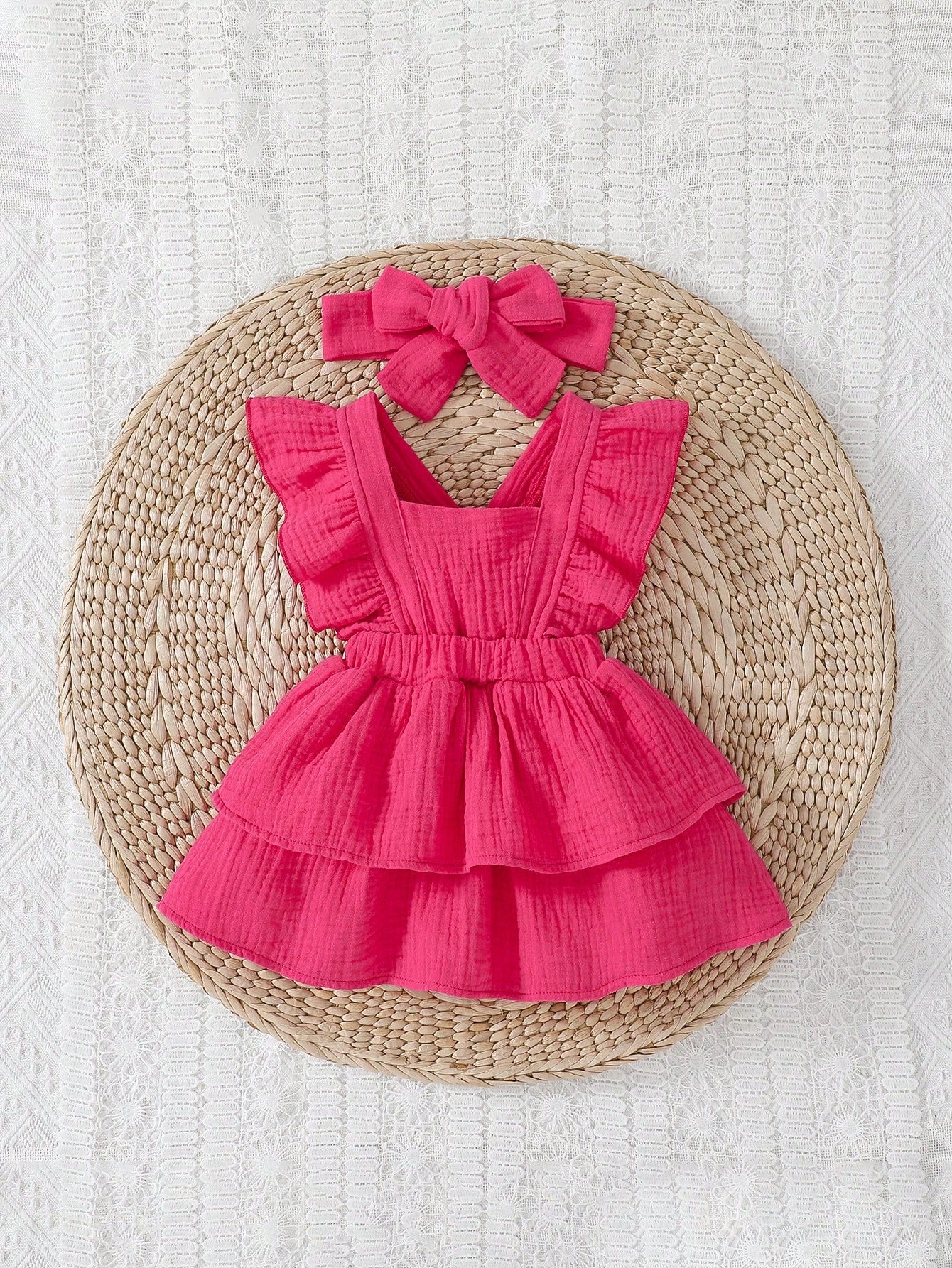 Playful Pals Baby Girl Newborn Ruffle Trim Layer Hem Dress With Accessory Headband