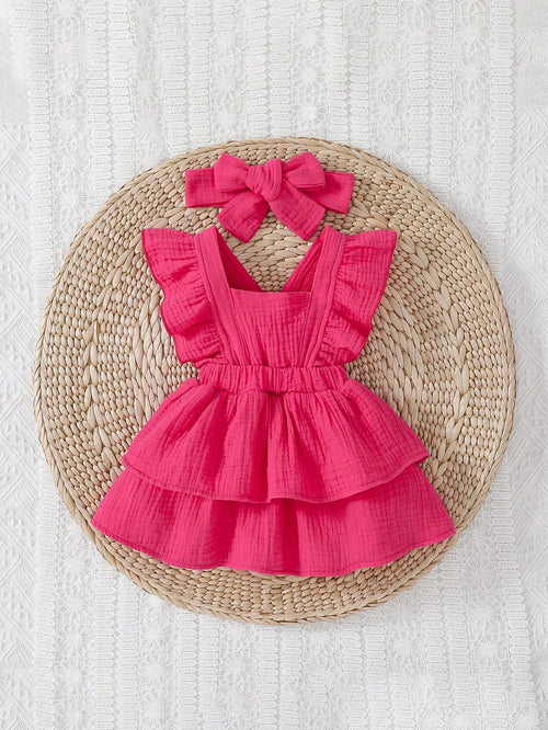 Playful Pals Baby Girl Newborn Ruffle Trim Layer Hem Dress With Accessory Headband