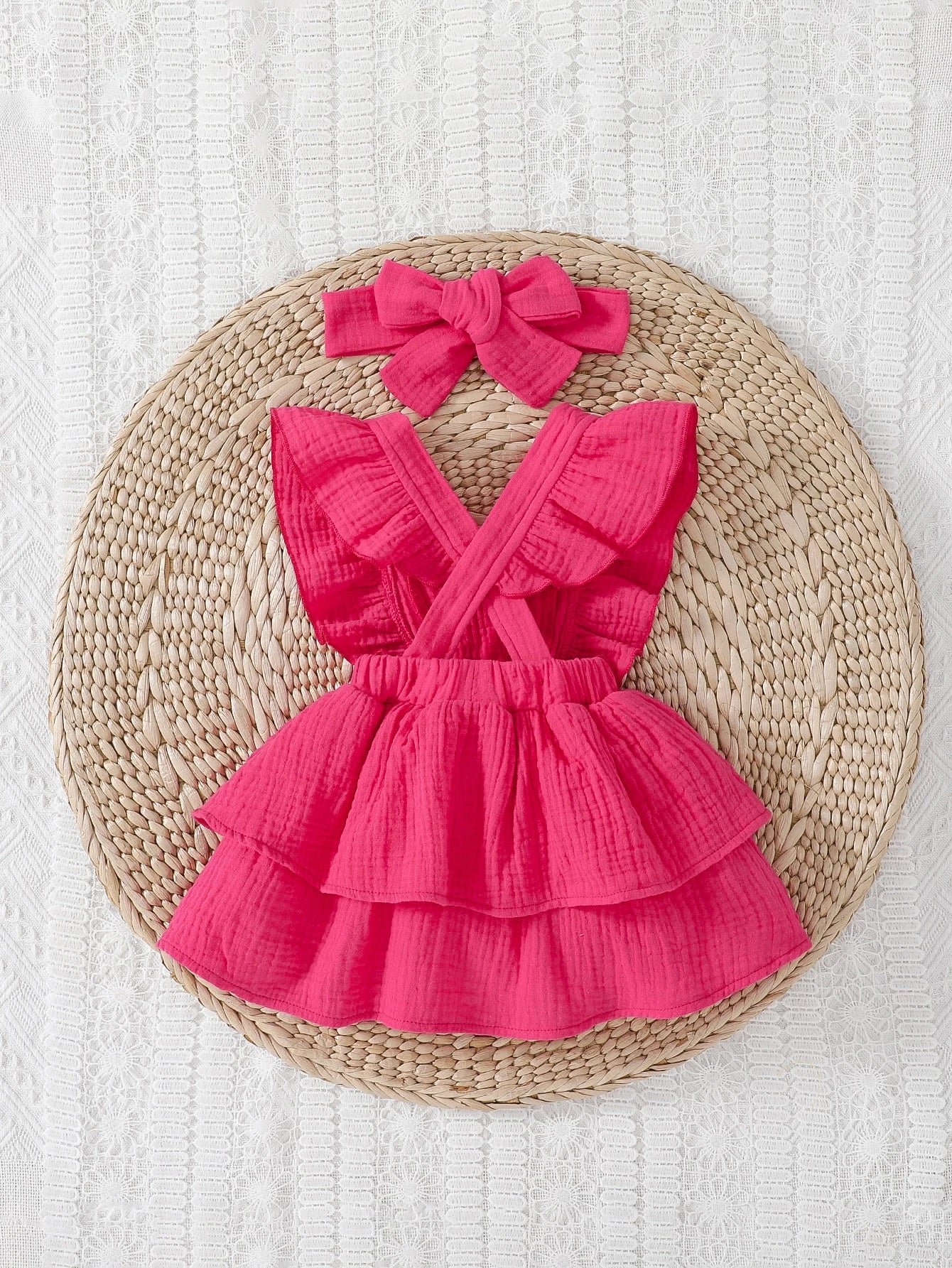Playful Pals Baby Girl Newborn Ruffle Trim Layer Hem Dress With Accessory Headband