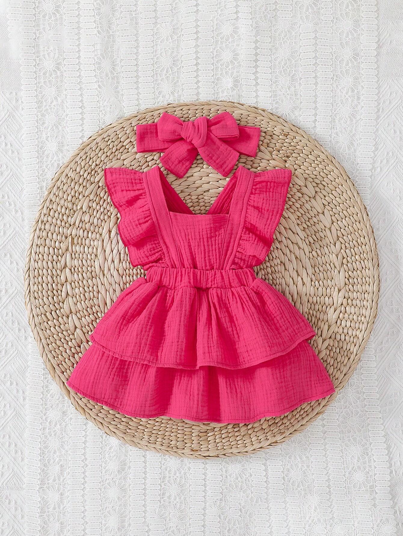 Playful Pals Baby Girl Newborn Ruffle Trim Layer Hem Dress With Accessory Headband