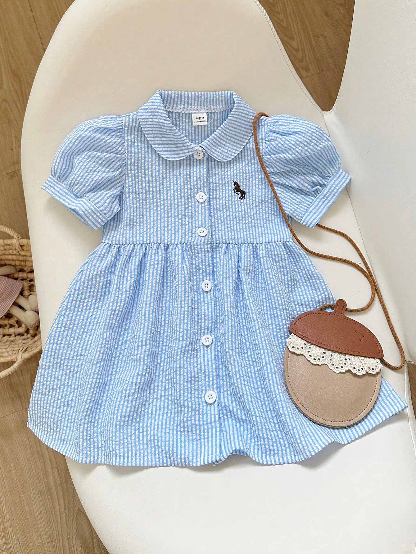Playful Pals Baby GirlCasual Fashion Collegiate Striped Puff Sleeve Shirt Dress, Suitable For Spring/Summer Outings And Daily Wear, School
