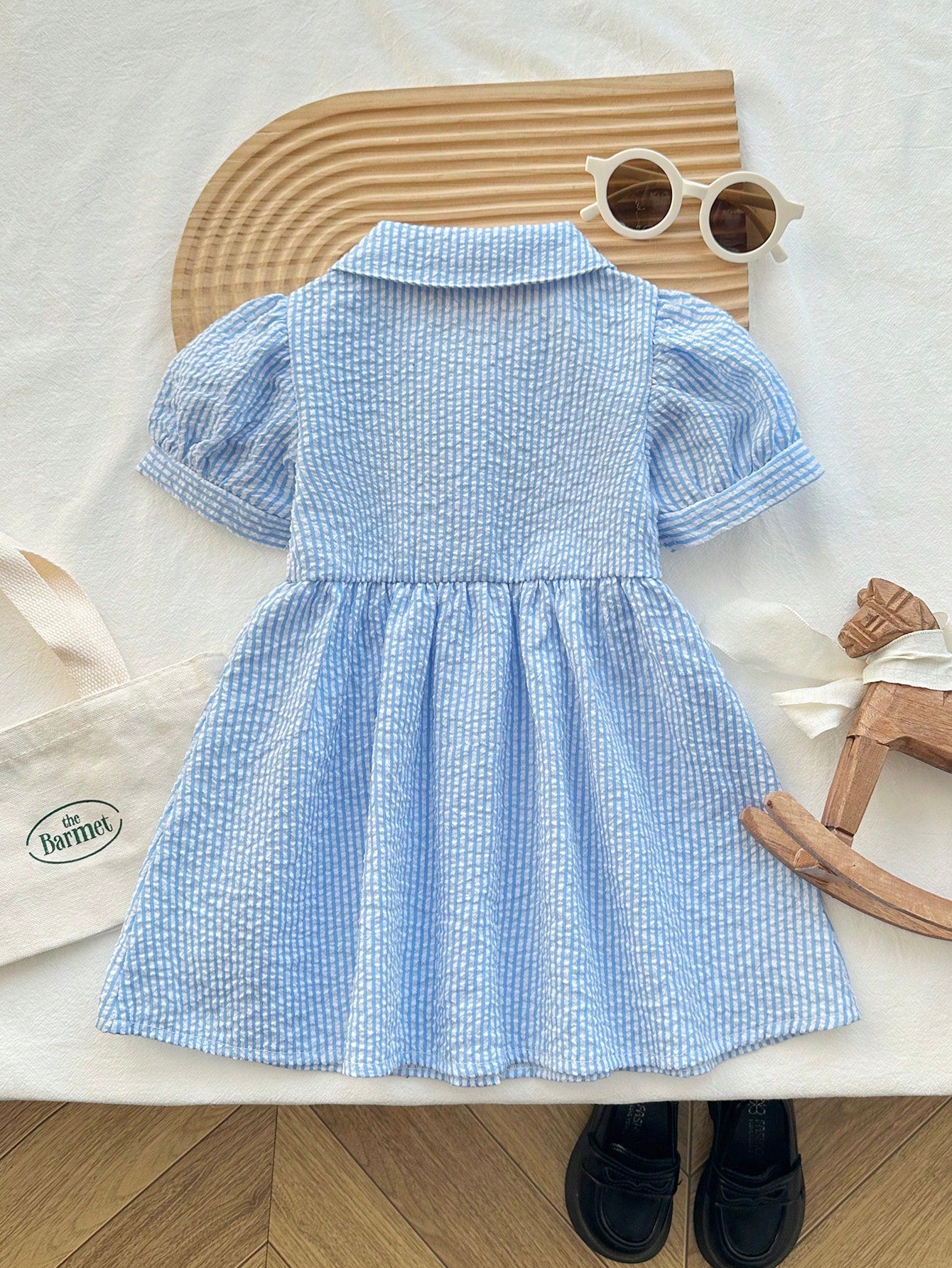 Playful Pals Baby GirlCasual Fashion Collegiate Striped Puff Sleeve Shirt Dress, Suitable For Spring/Summer Outings And Daily Wear, School