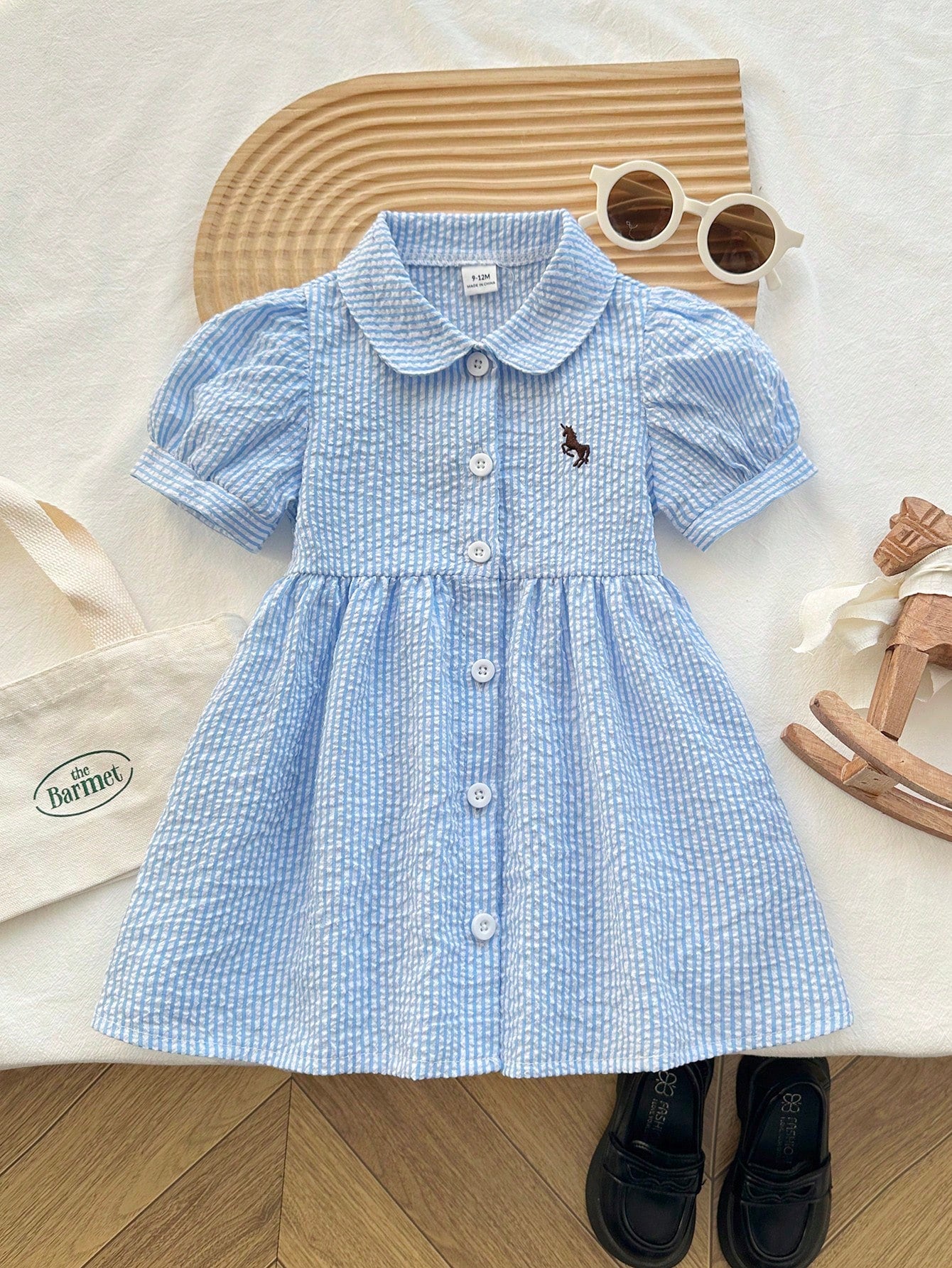 Playful Pals Baby GirlCasual Fashion Collegiate Striped Puff Sleeve Shirt Dress, Suitable For Spring/Summer Outings And Daily Wear, School