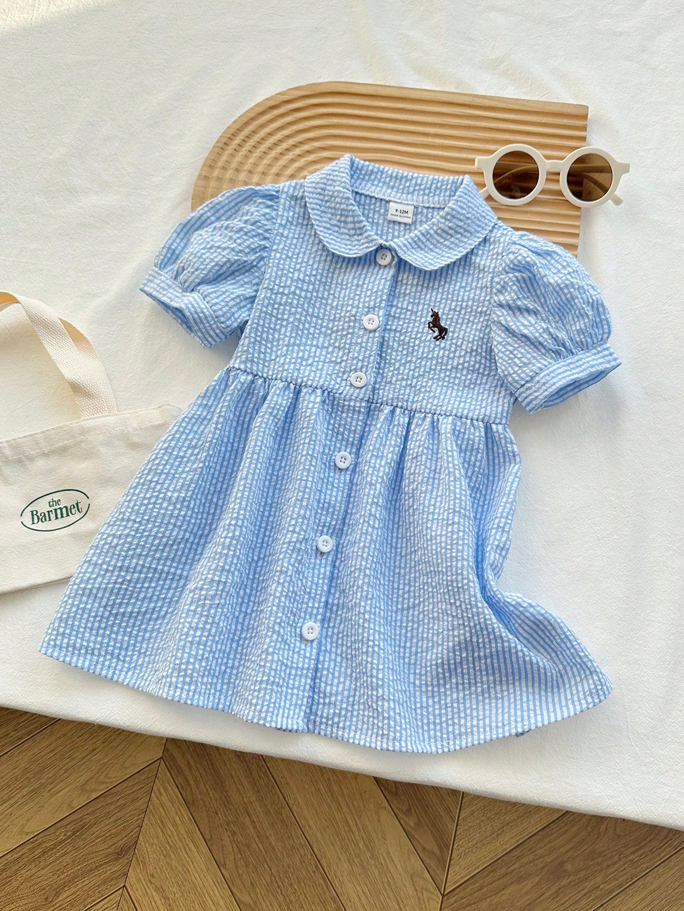 Playful Pals Baby GirlCasual Fashion Collegiate Striped Puff Sleeve Shirt Dress, Suitable For Spring/Summer Outings And Daily Wear, School