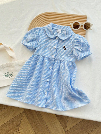 Playful Pals Baby GirlCasual Fashion Collegiate Striped Puff Sleeve Shirt Dress, Suitable For Spring/Summer Outings And Daily Wear, School