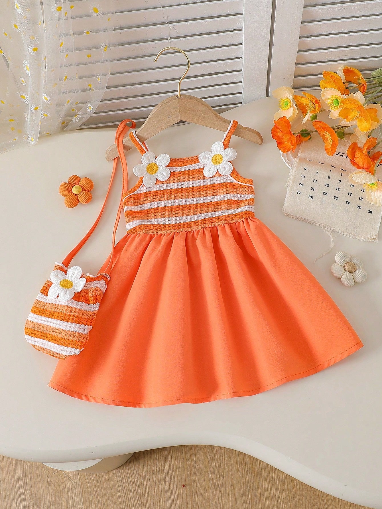 Playful Pals Baby Girls' Cute Elegant Babygirl Burnt Orange Summer Sleeveless Dress,Sweet Floral Decor,Matching Mini Crossbody Bag,Loose Fit Vacation Skirt