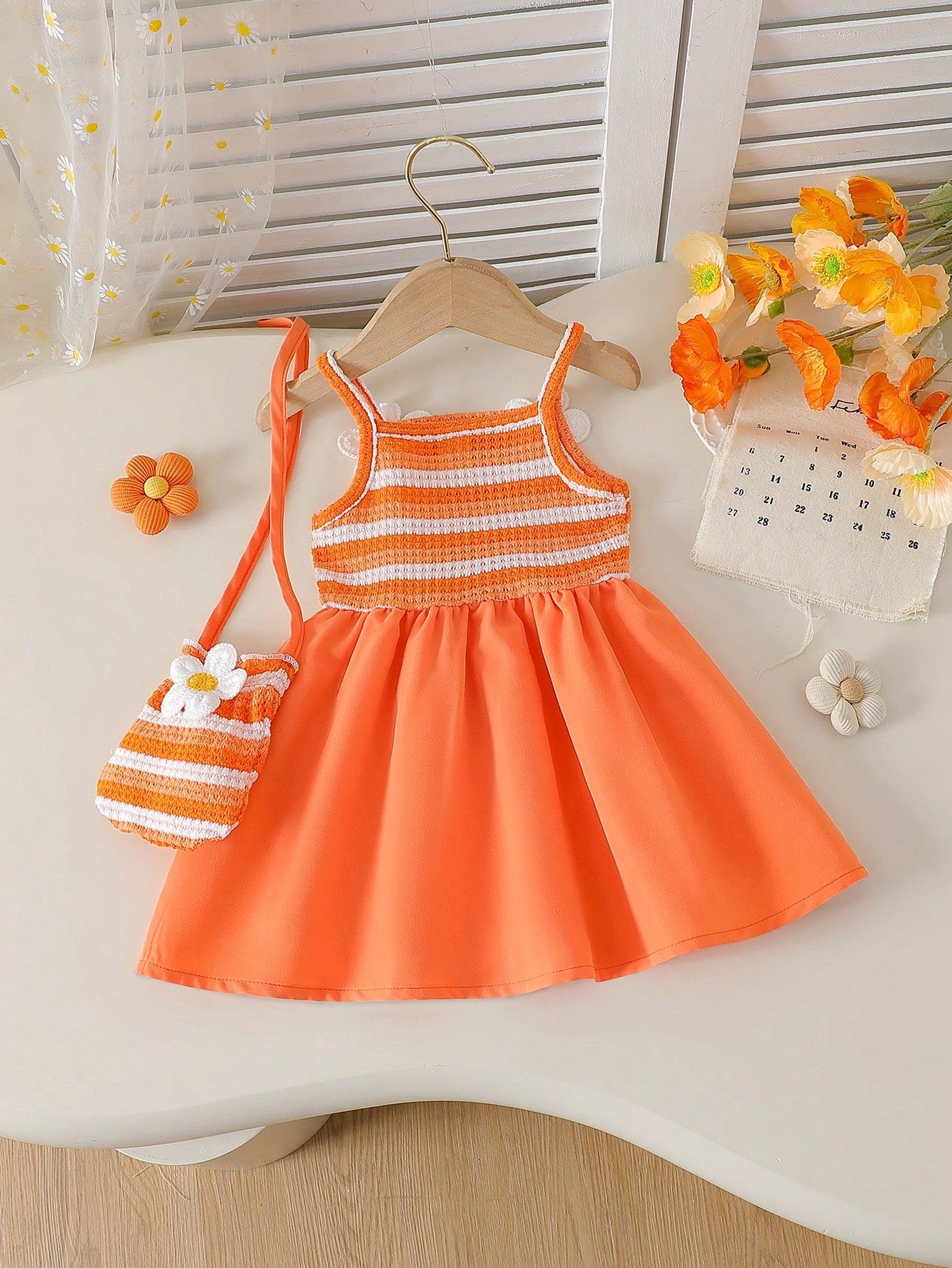 Playful Pals Baby Girls' Cute Elegant Babygirl Burnt Orange Summer Sleeveless Dress,Sweet Floral Decor,Matching Mini Crossbody Bag,Loose Fit Vacation Skirt