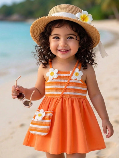 Playful Pals Baby Girls' Cute Elegant Babygirl Burnt Orange Summer Sleeveless Dress,Sweet Floral Decor,Matching Mini Crossbody Bag,Loose Fit Vacation Skirt