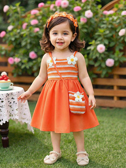 Playful Pals Baby Girls' Cute Elegant Babygirl Burnt Orange Summer Sleeveless Dress,Sweet Floral Decor,Matching Mini Crossbody Bag,Loose Fit Vacation Skirt