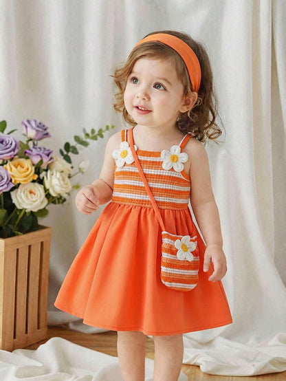 Playful Pals Baby Girls' Cute Elegant Babygirl Burnt Orange Summer Sleeveless Dress,Sweet Floral Decor,Matching Mini Crossbody Bag,Loose Fit Vacation Skirt