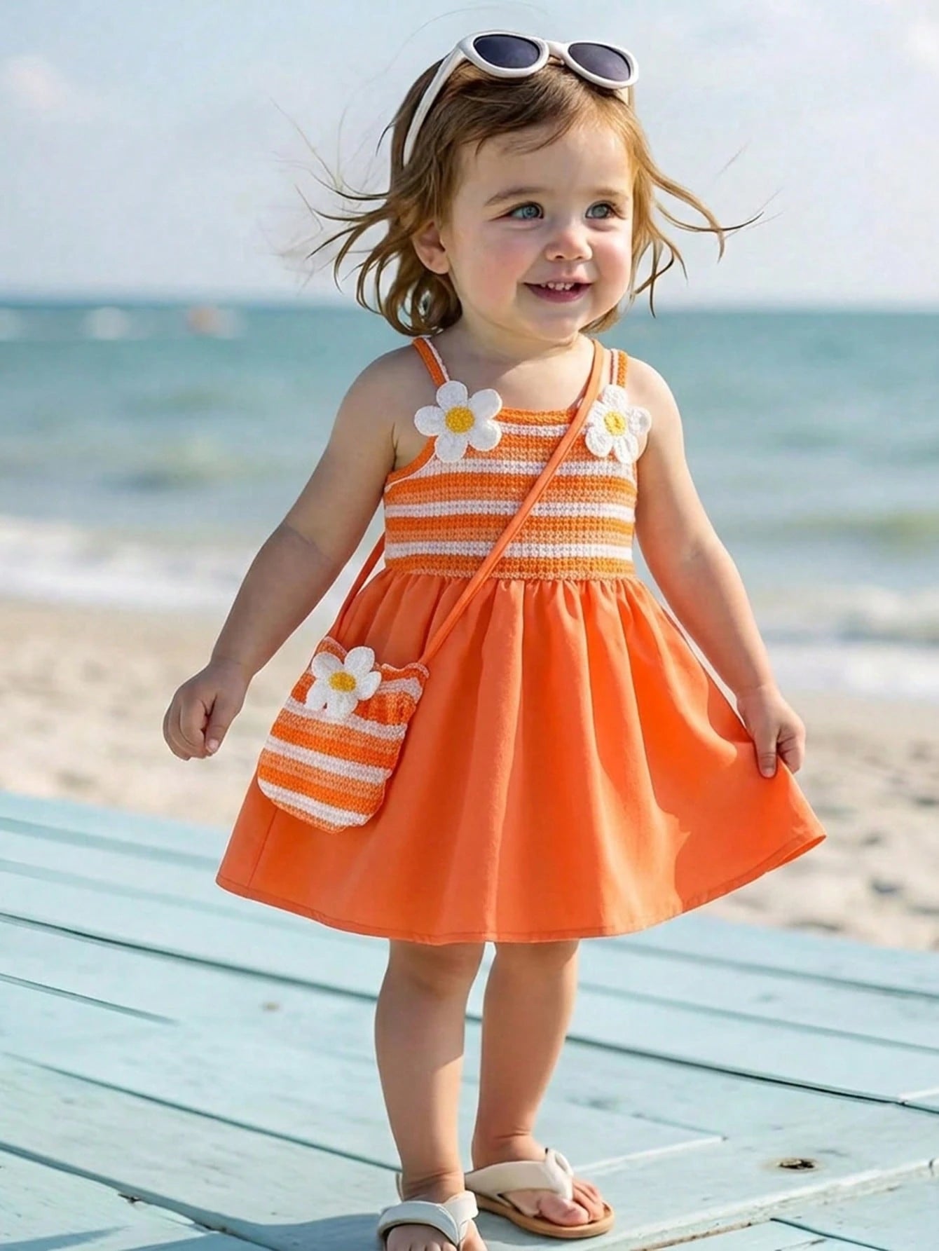 Playful Pals Baby Girls' Cute Elegant Babygirl Burnt Orange Summer Sleeveless Dress,Sweet Floral Decor,Matching Mini Crossbody Bag,Loose Fit Vacation Skirt