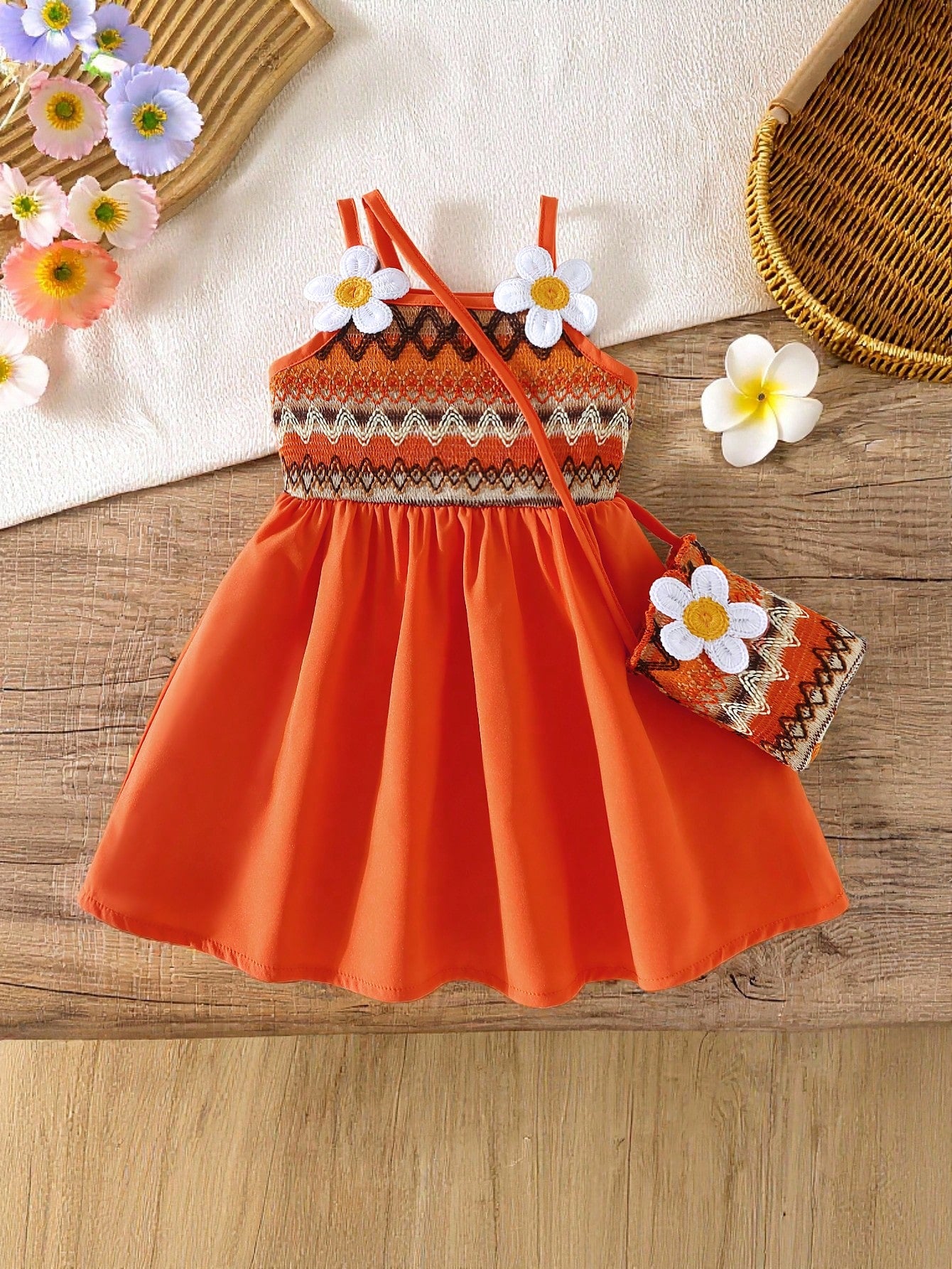 Playful Pals Baby Girls' Cute Elegant Babygirl Burnt Orange Summer Sleeveless Dress,Sweet Floral Decor,Matching Mini Crossbody Bag,Loose Fit Vacation Skirt