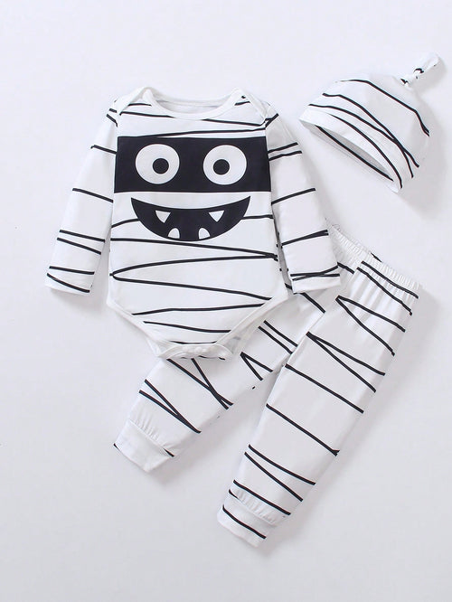 Playful Pals Newborn Bodysuit,Pants,Hat,Halloween Cartoon Clothes,Cute Black And White Autumn Family Matching