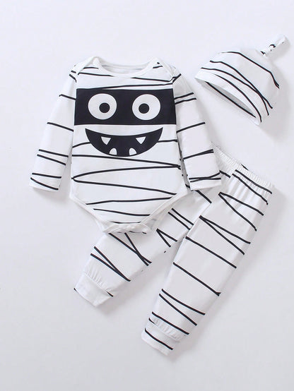 Playful Pals Newborn Bodysuit,Pants,Hat,Halloween Cartoon Clothes,Cute Black And White Autumn Family Matching