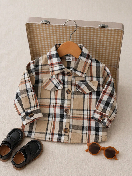 Playful Pals Toddler Infant Unisex Boy Casual Plaid Long-Sleeved Shirt With Turn-Down Pockets, Button-Down Collar, Suitable For School, Everyday Casual Wear.