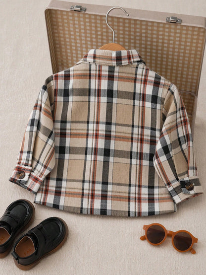 Playful Pals Toddler Infant Unisex Boy Casual Plaid Long-Sleeved Shirt With Turn-Down Pockets, Button-Down Collar, Suitable For School, Everyday Casual Wear.